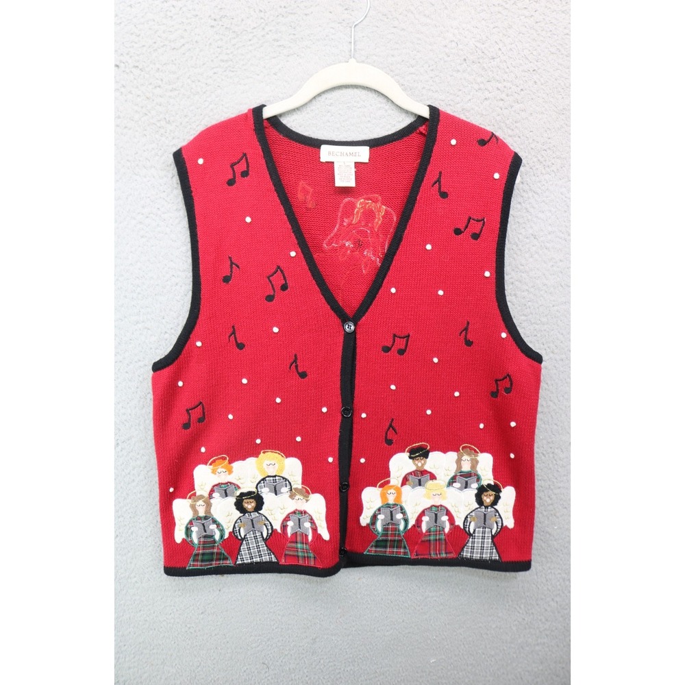 Vtg. Bechamel Embroidered Christmas Sweater Vest-Large-Angel Carolers-Nice